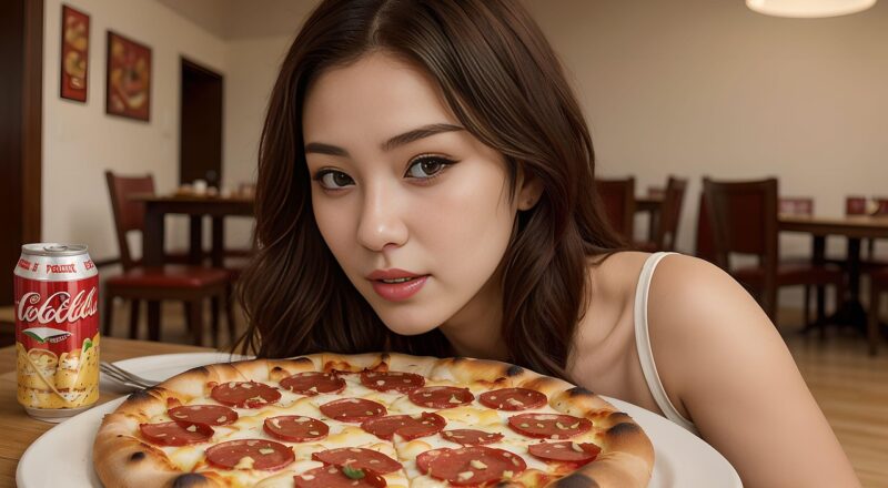 ai generated, pizza, woman, mukbang, lunch